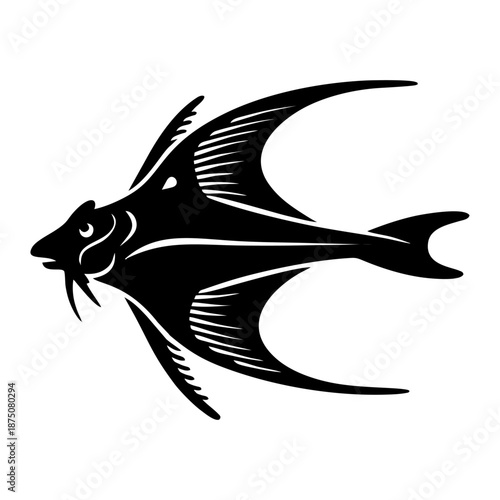 A black and white illustration of a fish swimming in the ocean from a side viewpoint