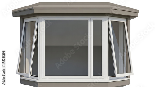 Bay window with white vinyl frame and large central fixed glass panel
