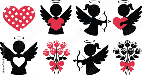 Cupid angel and love symbols illustration set featuring hearts, bows, flowers, romantic icons, valentine theme graphics, affection and romance flat vector design