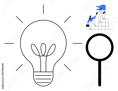 Creativity, teamwork, exploration, research, progress, problem-solving. A lightbulb signifies ideas, a magnifying glass highlights exploration and a team climbing blocks s collaboration. Creativity