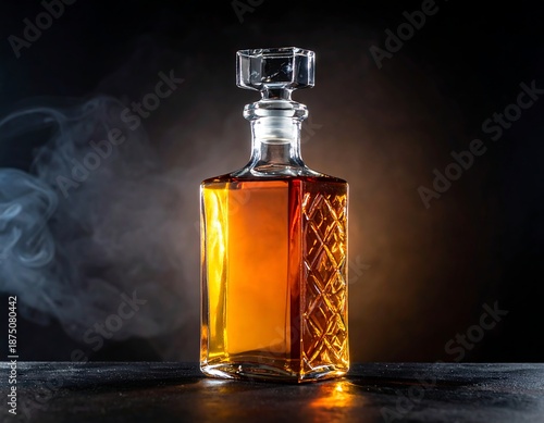 A glass bottle of amber liquid with a diamond-patterned side and smoke in the background