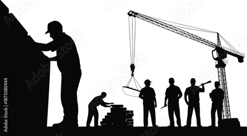 Construction workers silhouettes with tower crane lifting materials, industrial building site teamwork concept, black vector illustration on white background