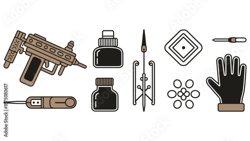 A collection of tattoo equipment and supplies on a white background