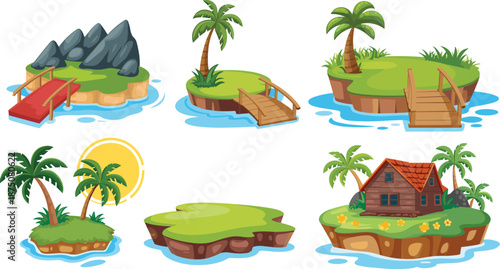  Cute tropical island illustration set featuring palm trees bridges rocks houses floating land pieces cartoon nature landscape vector design elements
