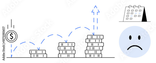 Financial growth concept. Depicts stacked coins with a rising arrow, a calendar, and a sad face to reflect challenges in monetary progress. Financial planning, setbacks, profit trends, economic