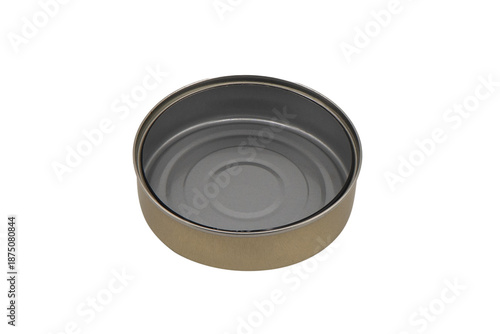 Empty opened aluminium can isolated on white background.  Aluminium beverage cans. Food can. Metal containers for packaging