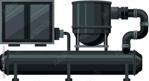 Horizontal industrial chiller and heat exchanger assembly with control panel, pressure gauges, insulated piping, valves, flanges, supports, pumps, condenser, evaporator, plant equipment
