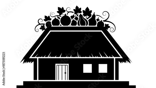 A black and white illustration of a house with a thatched roof and vines