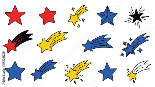 A colorful illustration of various cartoon stars and shooting stars on a white background