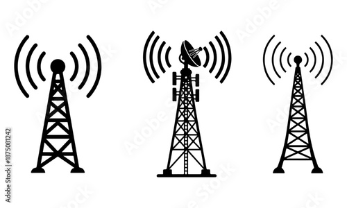 Set of 3 black cell tower icons with signal waves