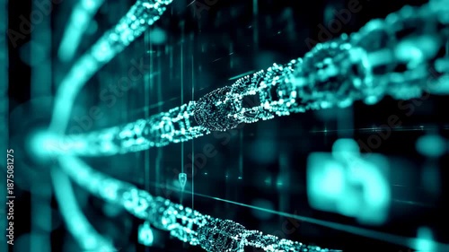 Abstract, cyan-toned digital visualization depicts networked, interconnected chains with glowing light effects
