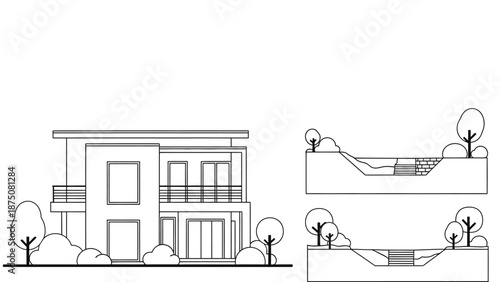A modern house with a unique sloped landscape design and cross sections