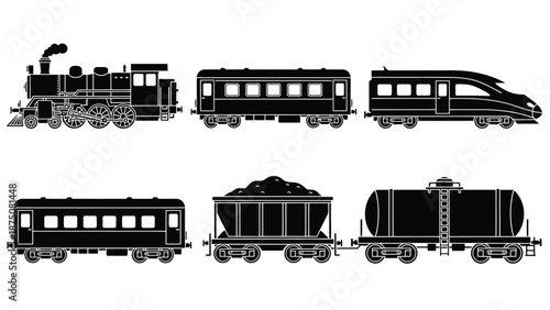 A set of black and white train cars on a plain background