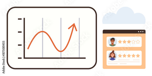 Business analytics, customer feedback, online reviews, data trends, market performance, cloud services. Graph with upward growth curve and customer rating panel. Business analytics and customer