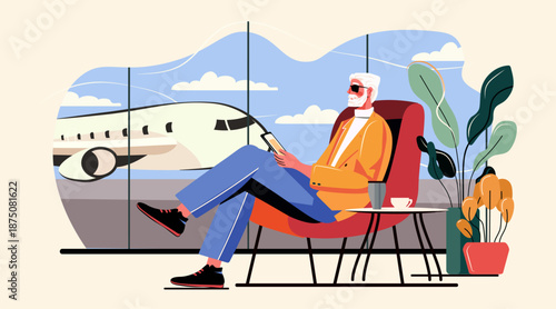 Senior man waiting airport lounge airplane window plants coffee cup modern travel concept colorful background website banner