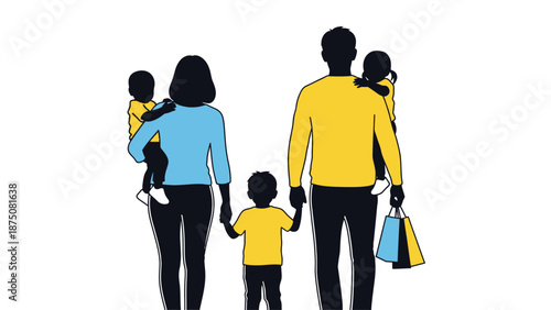 A happy family of four walking together in a peaceful and serene environment