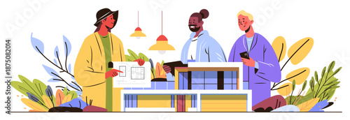 Architects teamwork modern building project collaboration people discussing blueprint holding model construction site plants lamps abstract background