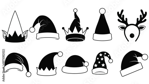 A collection of various Christmas hats and crowns in black and white