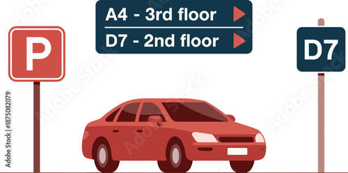 Parking navigation illustration showing car, directional signage, floor indicators, parking zone labels, wayfinding system, indoor garage guidance, flat vector design