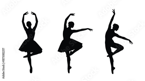 Three elegant ballerinas in various dance poses against a white background
