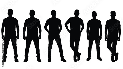 Six men in different poses standing in a line against a white background