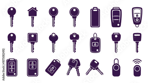 A collection of various keys and key fobs on a white background