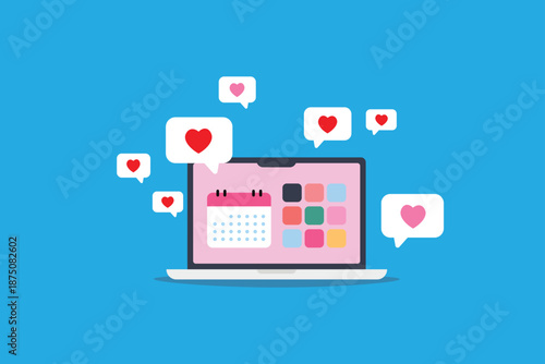 Social Media Engagement Calendar on Laptop with Likes and Notifications Flat Vector Illustration