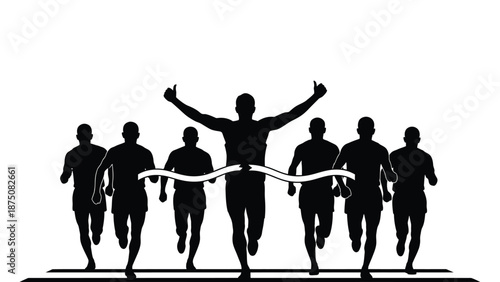 A triumphant athlete crosses the finish line ahead of the competition in a dramatic sprint