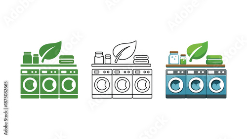 An illustration of eco-friendly laundry practices with washing machines and green leaves