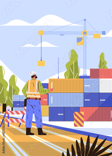 Construction worker crane operator shipping containers logistics site safety gear cargo yard colorful landscape modern flat design