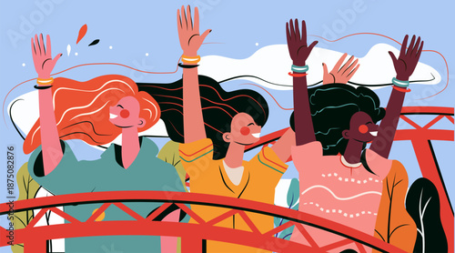 Happy friends amusement park roller coaster ride diverse people raising hands smiling colorful outdoor scene abstract background