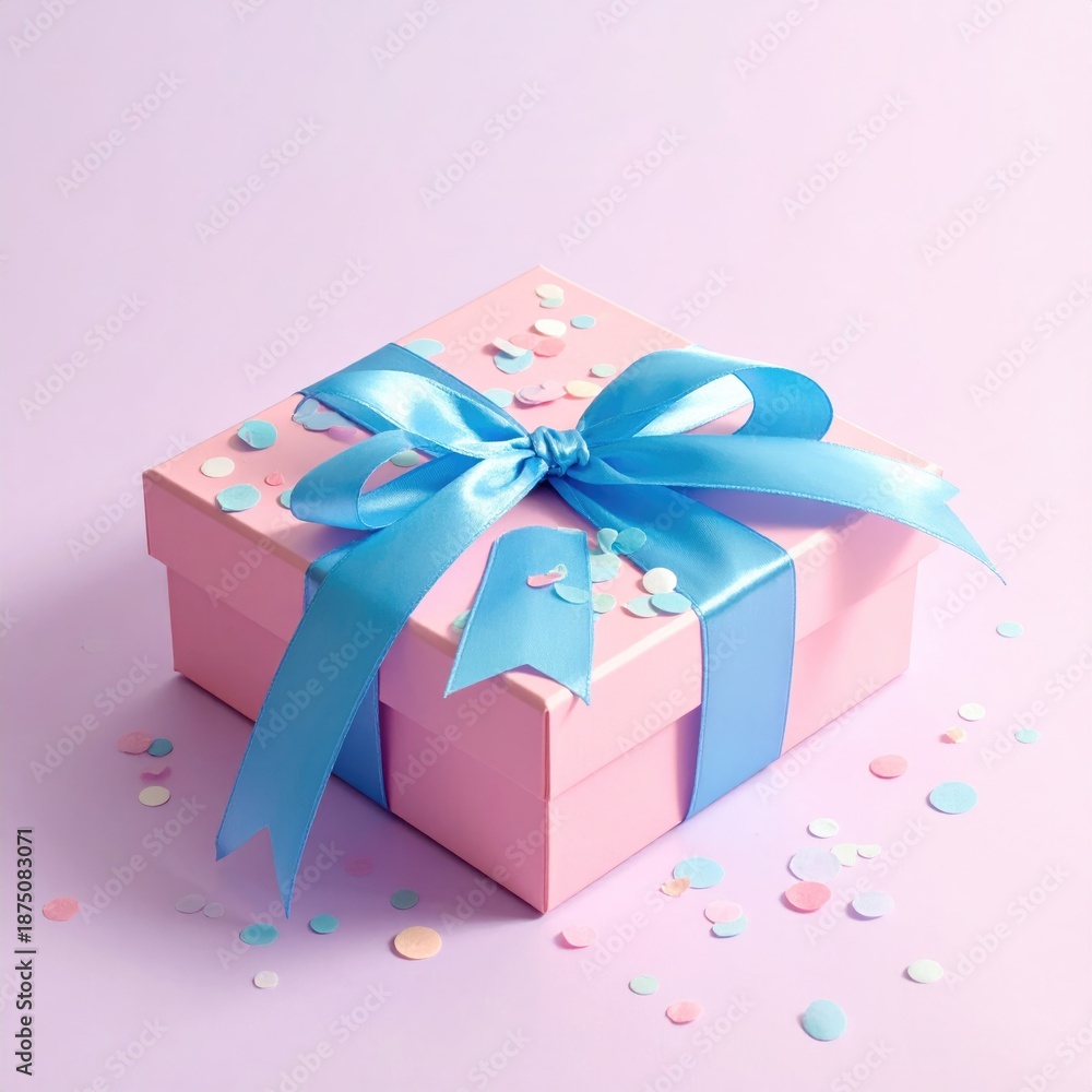 Obraz premium Pink gift box with a blue satin ribbon