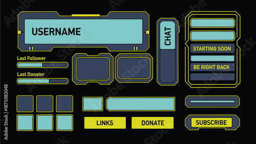 A futuristic streaming overlay with a sleek design on a black background