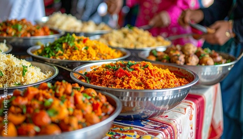 Assorted Dishes on Display at a Vibrant Food Festival with Varied Cuisine and Cultural Delicacies