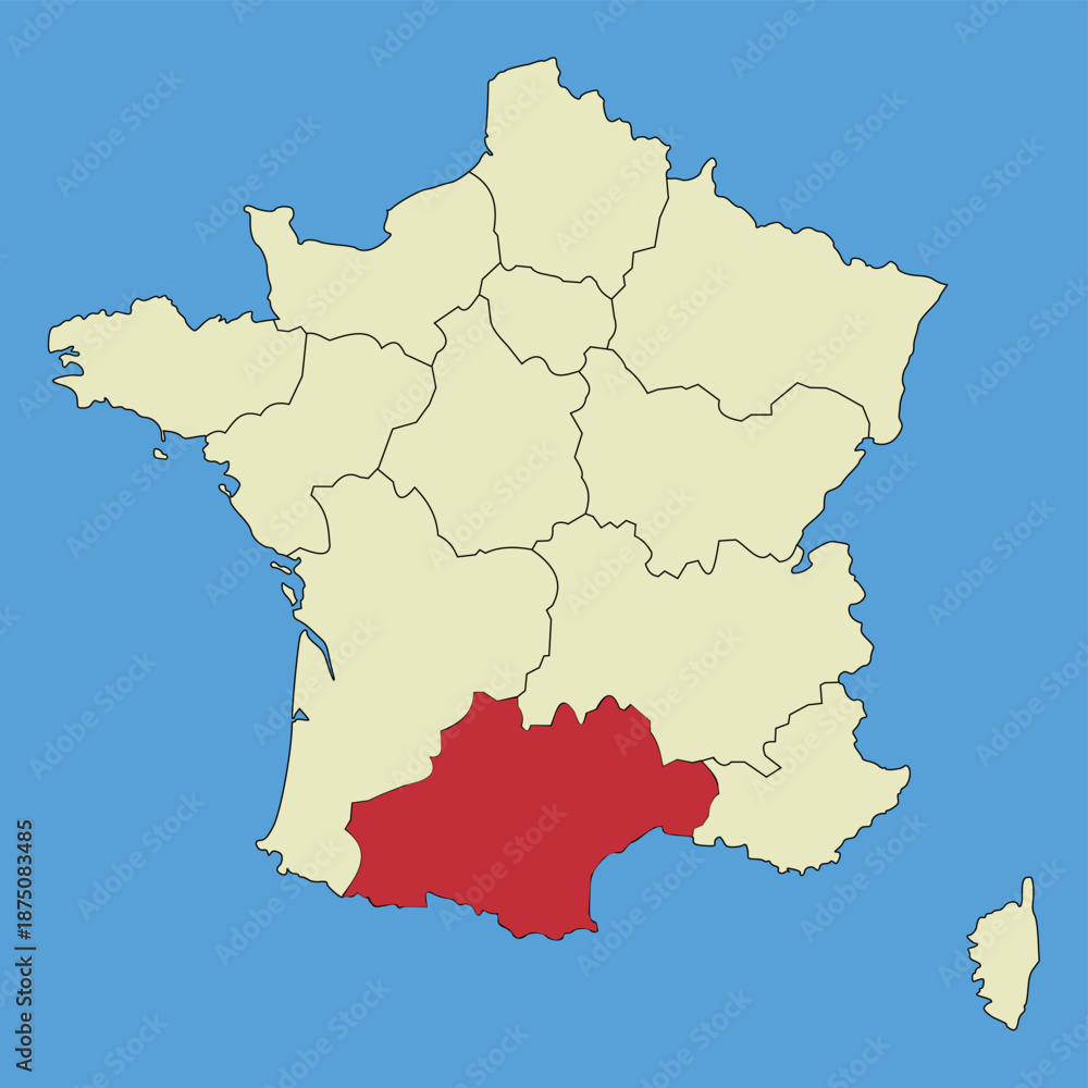 Fototapeta premium Map of Occitanie on a vector map of France. Regions of France. Vector illustration.