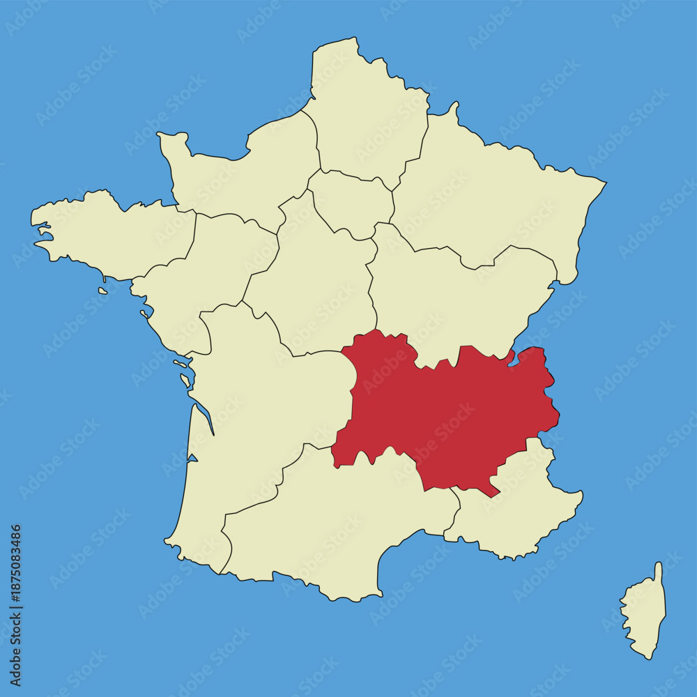Fototapeta premium Map of Auvergne Rhone Alpes on a vector map of France. Regions of France. Vector illustration.