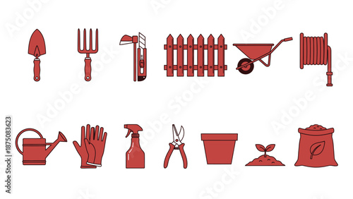 A collection of gardening tools and equipment on a white background