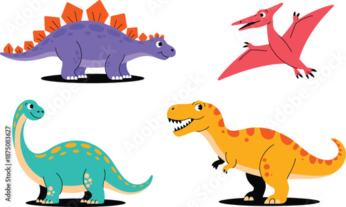 cute cartoon dinosaur illustration set, stegosaurus pterodactyl tyrannosaurus and brachiosaurus, colorful prehistoric animals, kids fantasy collection design