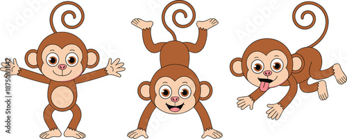 cute cartoon monkey characters set, playful baby monkeys poses, funny jungle animal illustration pack, kids friendly wildlife design collection
