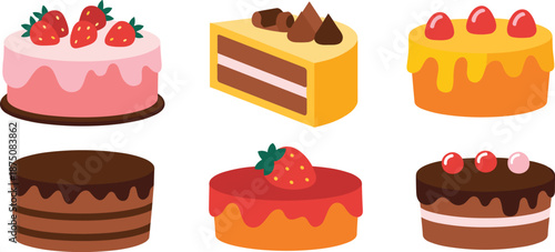 Cute colorful cake collection with chocolate and strawberry toppings, cartoon dessert illustration set for bakery menu, party and kids projects