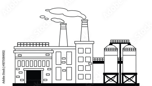A cartoon illustration of a red industrial factory with smokestacks and silos
