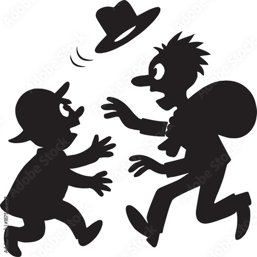 Silhouette of a kid and thief in black and white silhouette vector art  