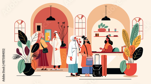 Hotel reception desk check in travelers luggage modern lobby plants diverse people interior decor warm colors