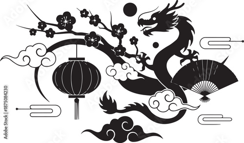 Oriental Lunar New Year Decoration with Majestic Dragon Silhouette, Hanging Lantern, and Blooming Cherry Blossom Branch, Traditional Chinese Festive Design Element in Black and White.