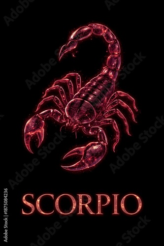 Scorpio Zodiac Scorpion with Intense Red Glow on Black Background. 