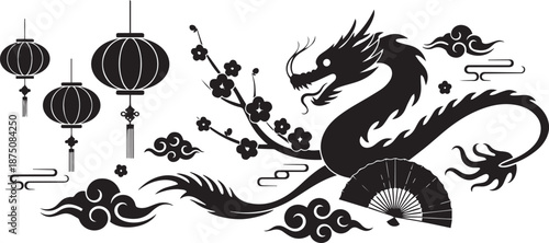 Chinese New Year Horizontal Banner with Long Dragon Silhouette, Trio of Hanging Lanterns, and Plum Blossoms, Traditional Lunar New Year Aesthetic Elements, Minimalist Black and White Vector.