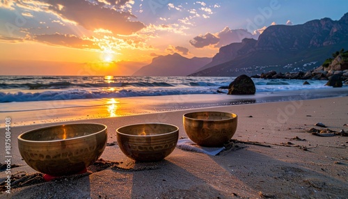 Three singing bowls on a serene beach at sunset with mountains in the background