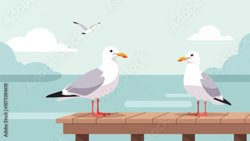 Illustration of two seagulls on a pier with one flying overhead, calm water and clouds in the sky