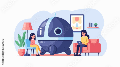 Illustration of two women, one with a laptop, and a large futuristic robot in a comfortable home