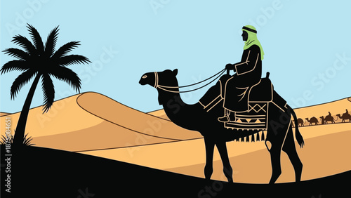 A man rides a camel through the desert with a palm tree in the background